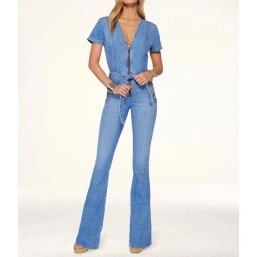 RAMY BROOK Helena Jumpsuit Zip Front Flare Leg Light Wash Denim Size 26 NEW